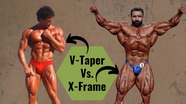 Two bodybuilders posing to demonstrate the V-taper and the X-frame.