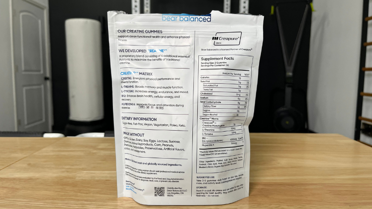 Supplement facts for Bear Balanced Creatine Gummies on the back of the bag.