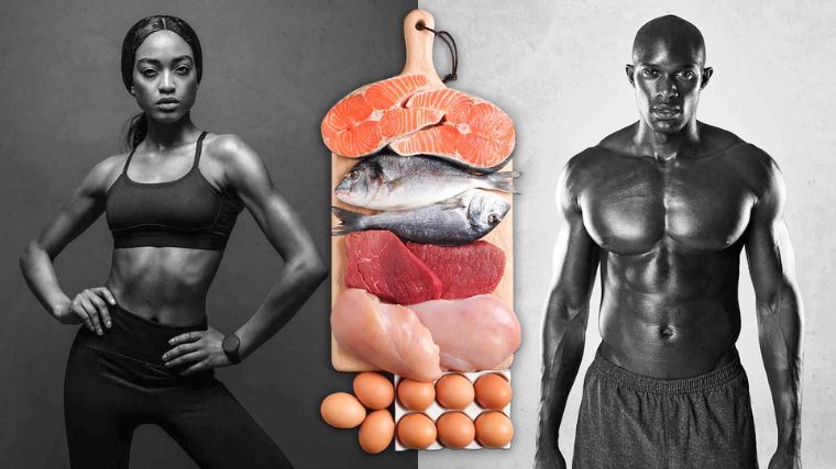 Side by side images of two fit people with a collage of food images for bodybuilding contest prep in between them.