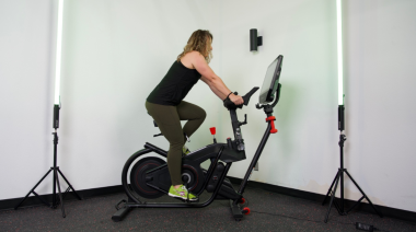 Our tester preps for the BowFlex VeloCore Bike Review.