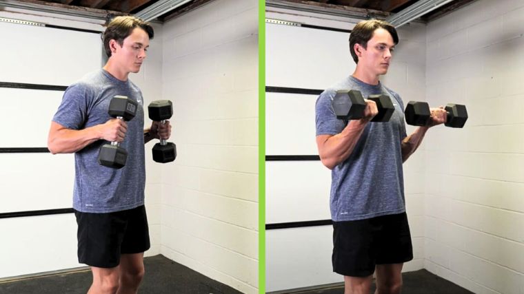 Side by side photos of the same person doing the hammer curls vs biceps curls.