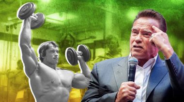Arnold Schwarzenegger lifting dumbbells.