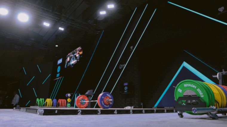 The stage at the 2023 World Weightlifting Championships in Riyadh, Saudia Arabia.