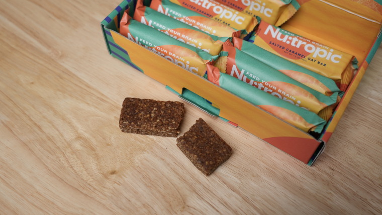 A box of nu:tropic Salted Caramel Protein Bars