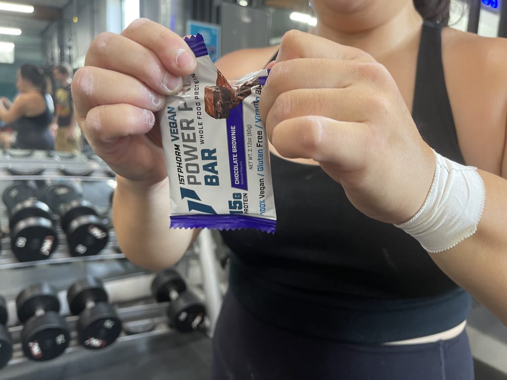 Our tester opening up 1st Phorm vegan power protein bar