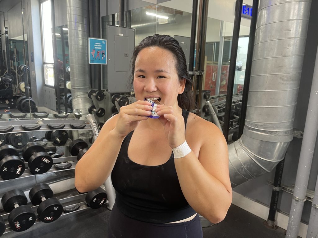 Our tester tasting the 1st Phorm vegan power protein bar