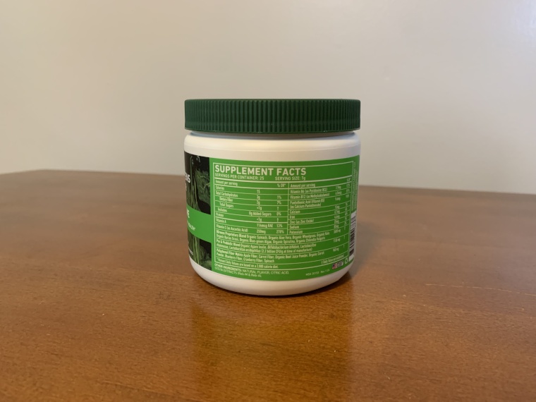 Supplement Facts label on a container of 8Greens Super Greens Powder.