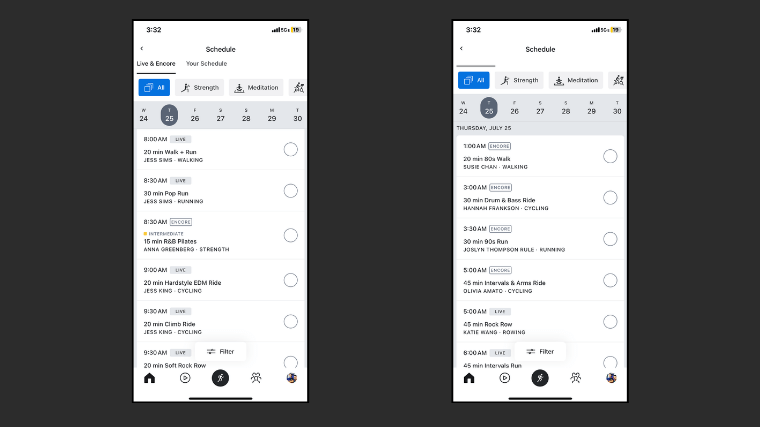 Two shots of the Peloton live classes schedule.