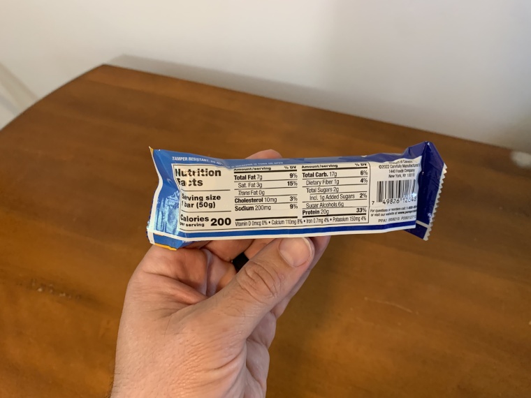 Nutrition Facts label on a protein bar from Pure Protein.