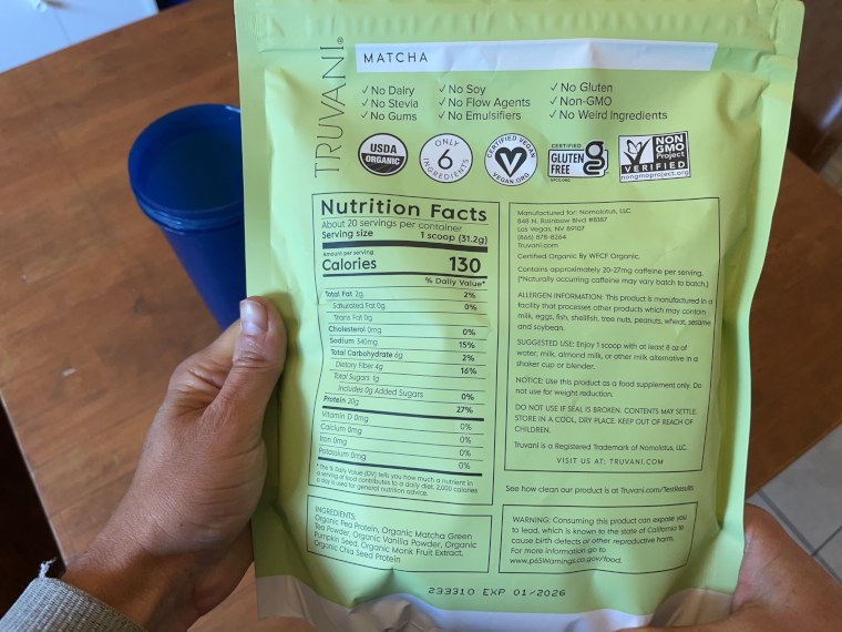 Nutrition Facts label on a bag of Truvani Plant-Based Protein Powder.