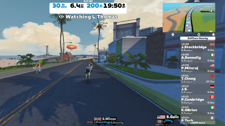 A screenshot of a virtual world in the Zwift cycling app. 