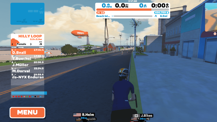 A screenshot of a virtual world on the Zwift cycling app. 