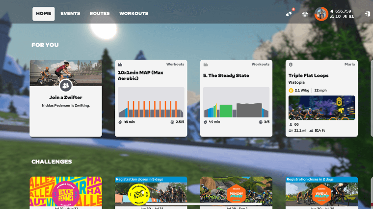 A screenshot of races, routes, and workouts available on the Zwift cycling app. 