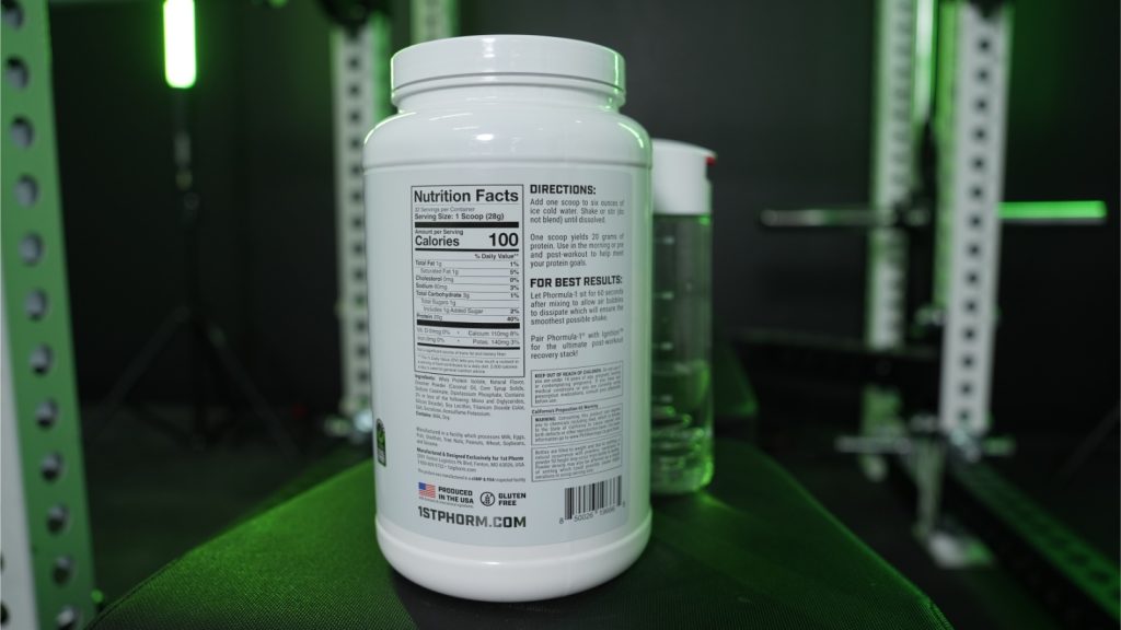 Nutrition Facts label on a container of 1st Phorm Phormula 1 Whey Protein