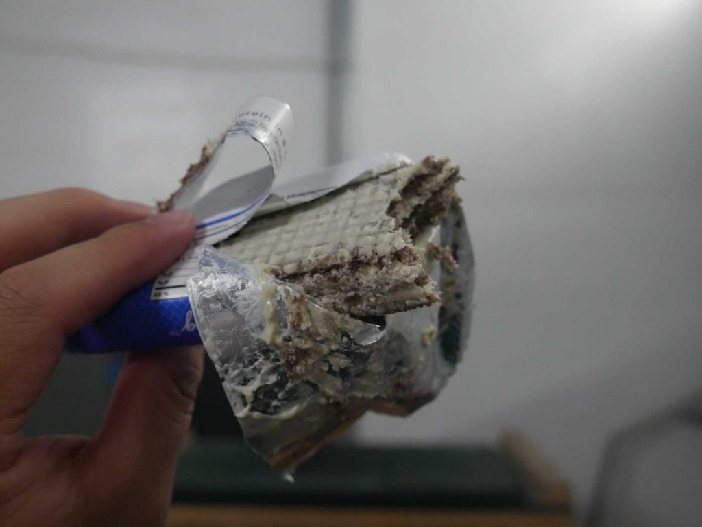 A close look at a Power Crunch Bar with a bite taken out