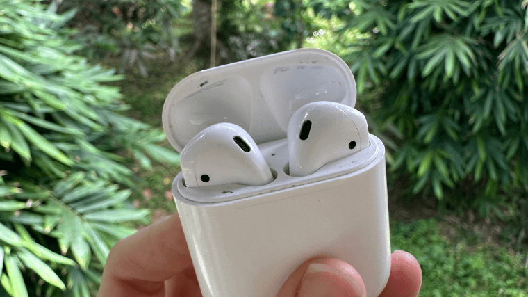 A pair of Apple AirPods in their case.