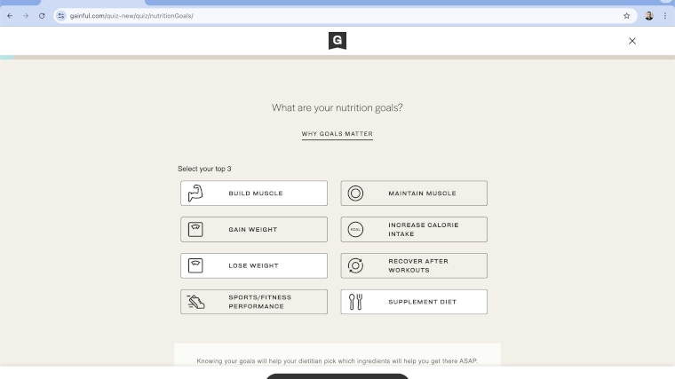 Screenshot of the Goals Quiz for Gainful Protein Powder