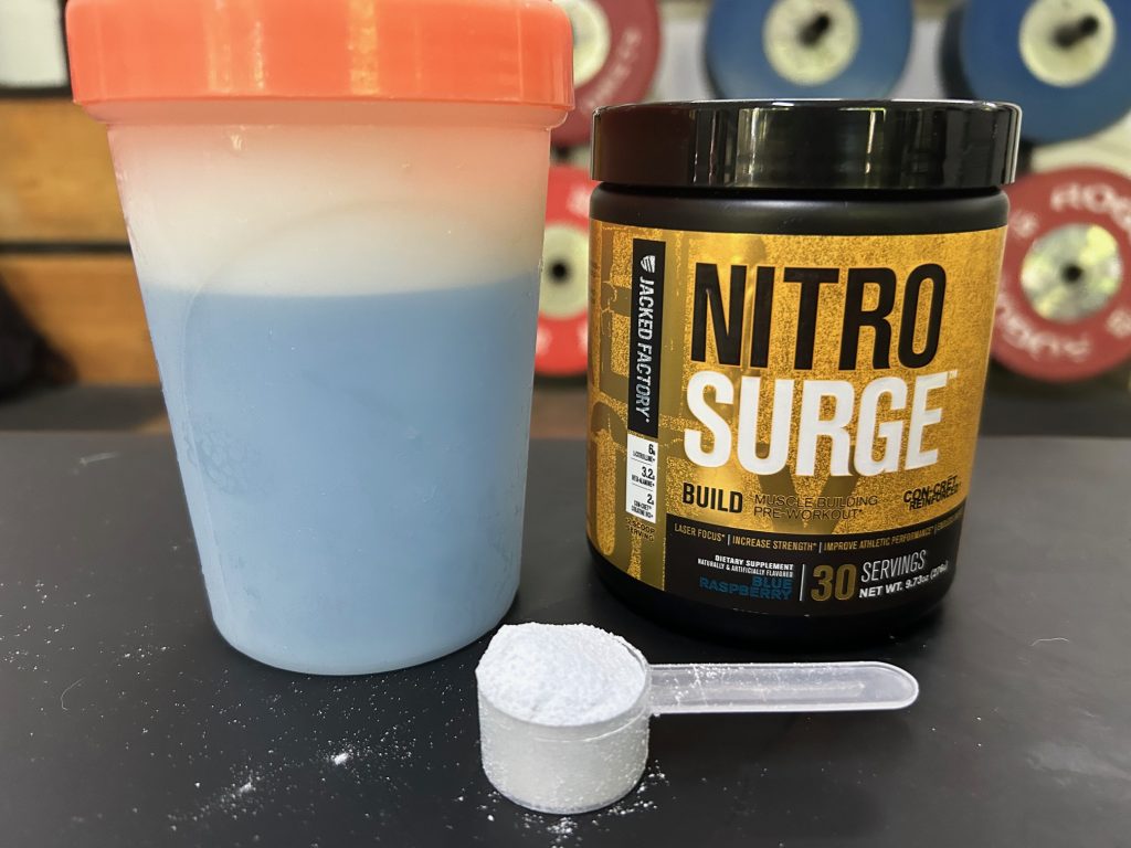 Jacked Factory Nitro Surge with scoop and shaker.