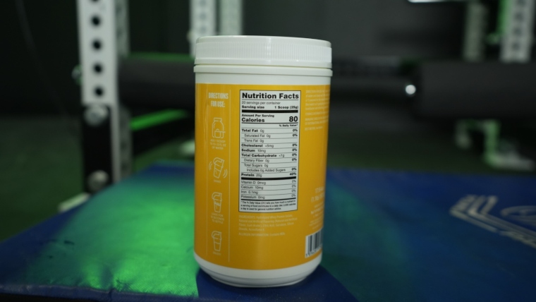 Nutrition Facts label on a container of MyProtein Clear Whey Isolate