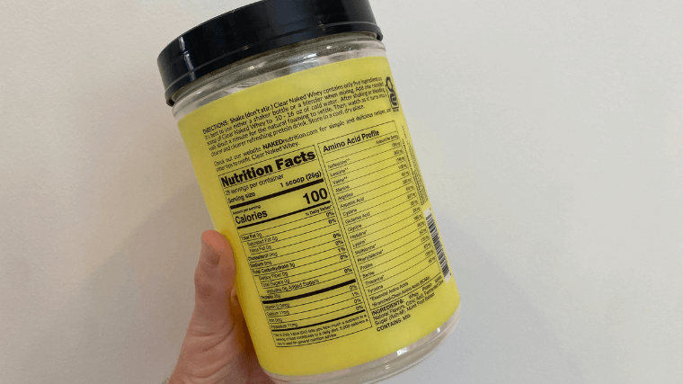 Nutrition Facts on a container of Naked Clear Whey