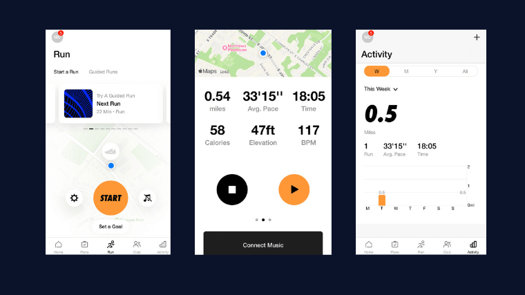 Various screens of the Nike Run Club app.