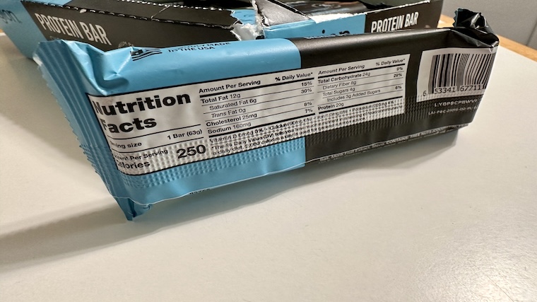 Nutrition Facts label on a Legion Protein Bar wrapper.