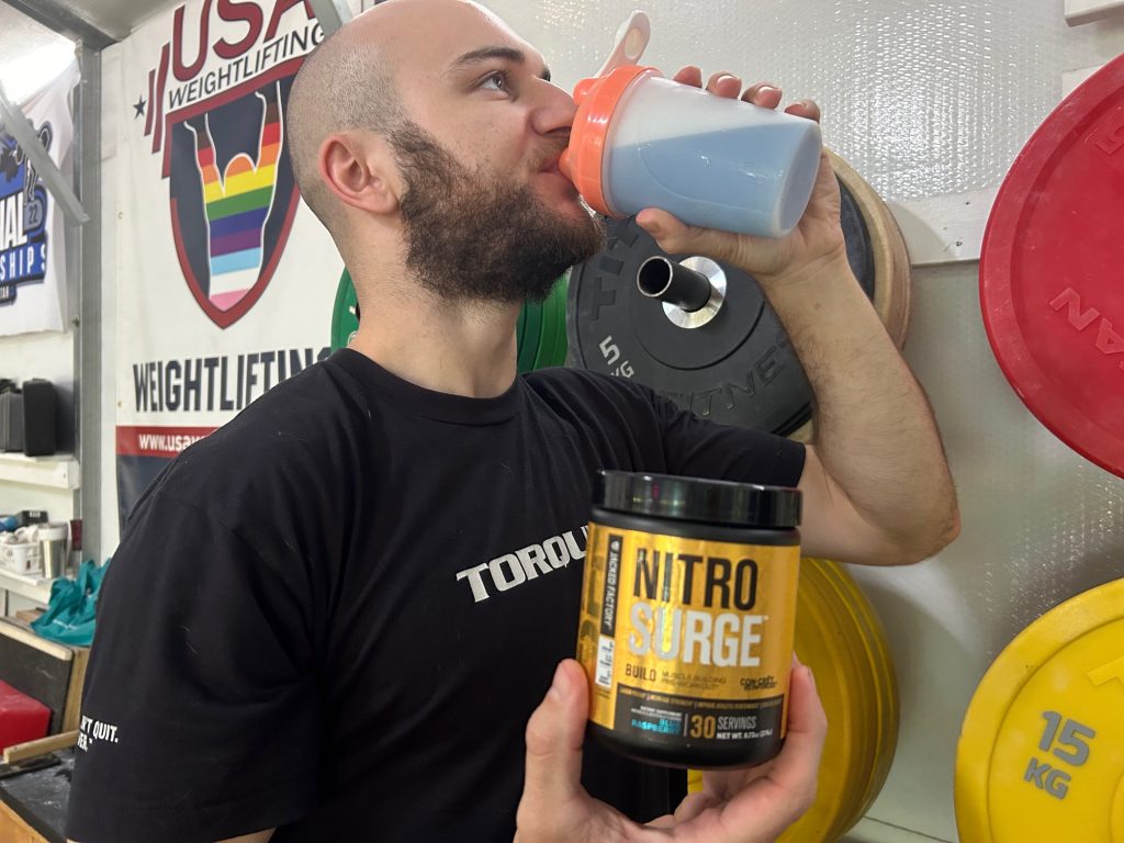 Our tester drinking Jacked Factory Nitro Surge Pre-Workout.