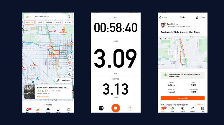 Various screenshots of the Strava app that show how you can choose routes and how your stats are displayed during and after walks.