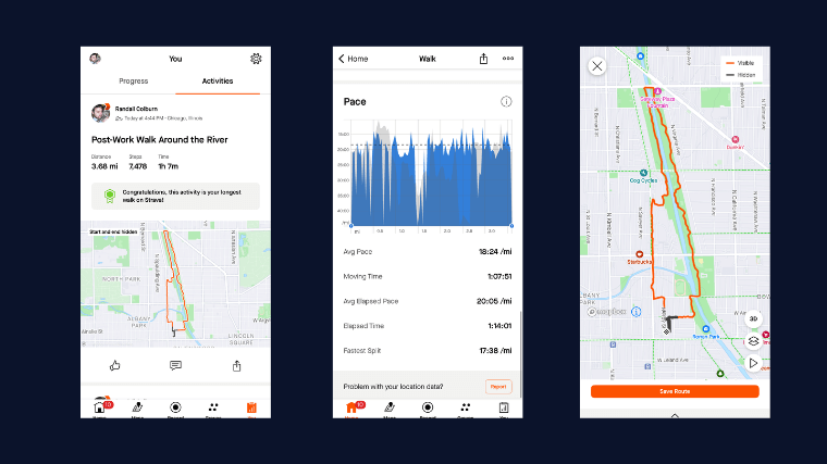 Various screenshots of the Strava app, showing the way it presents stats after a walking workout.