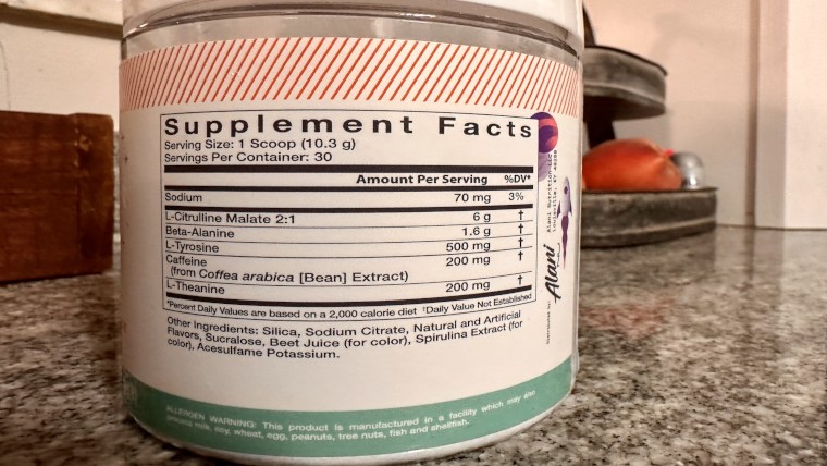 Supplement Facts label on a tub of Alani Nu Pre-Workout