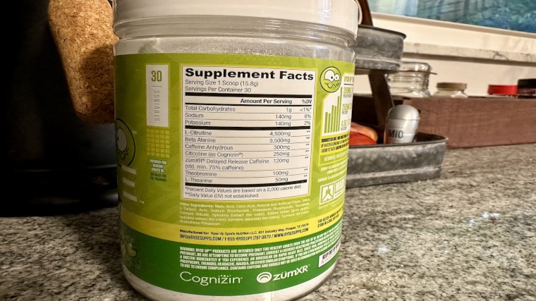 Supplement Facts label on a tub of RYSE Pre-Workout