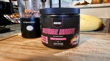 A tub of REDCON1 Total War Pre-Workout in our testers kitchen