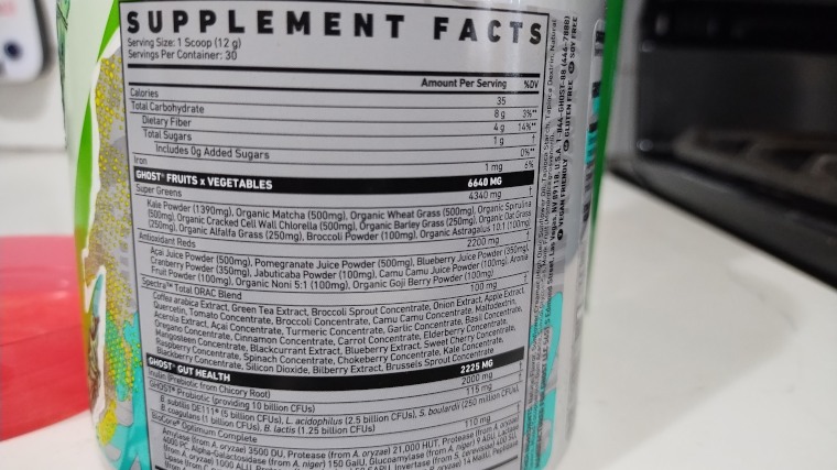 Supplement Facts label on a container of Ghost Greens powder.