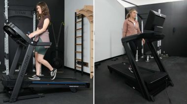 A side-by-side image showing our testers on Horizon Vs. NordicTrack treadmills.