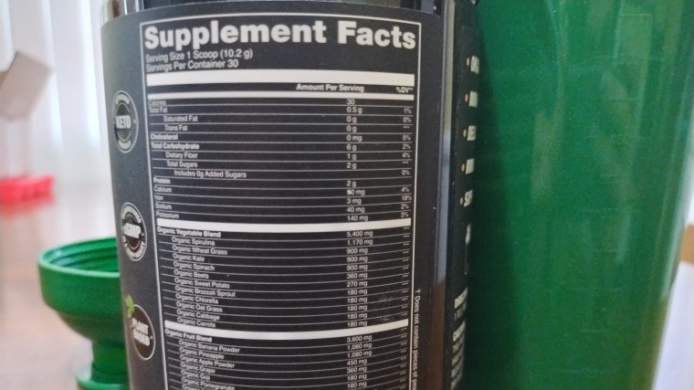 Supplement Facts label on a container of Jocko Greens