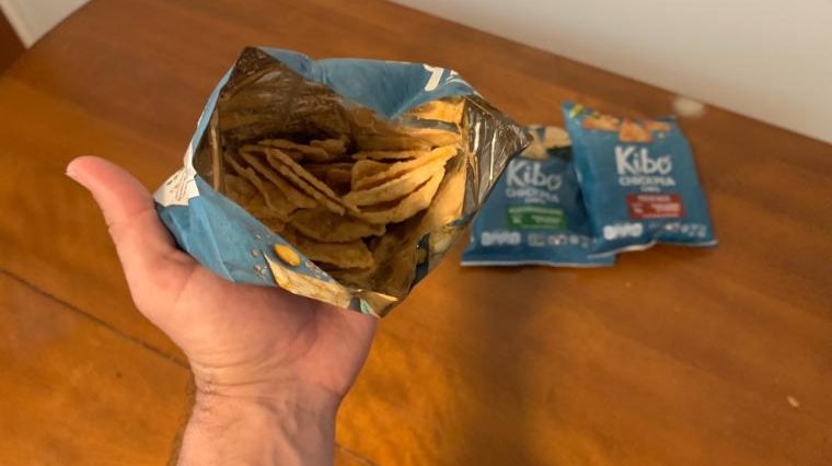 A look inside a bag of Kibo Chickpea Chips.