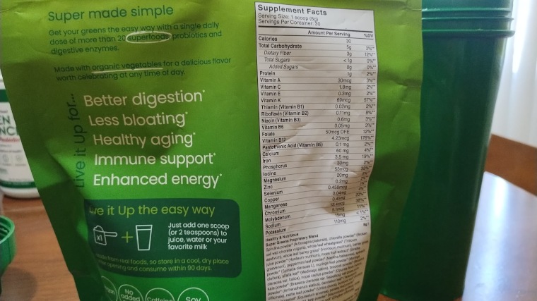 Supplement Facts label on a bag of Live It Up Greens