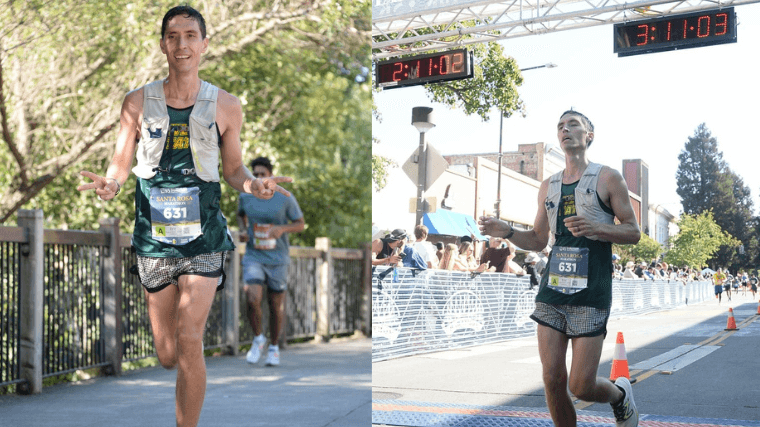 Two images, side by side, of a man who's running a marathon in the FeatherLite 1.5 Liter Hydration Vest.