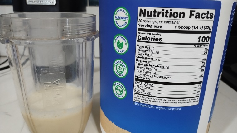 Nutrition Facts label on a container of Nutricost Organic Rice Protein