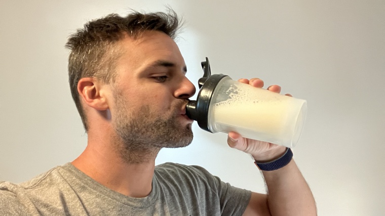 Our tester drinks a True Nutrition Egg White Protein shake