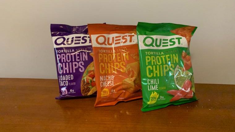 Three flavors of Quest Nutrition Tortilla Style Protein Chips on our tester's kitchen table.