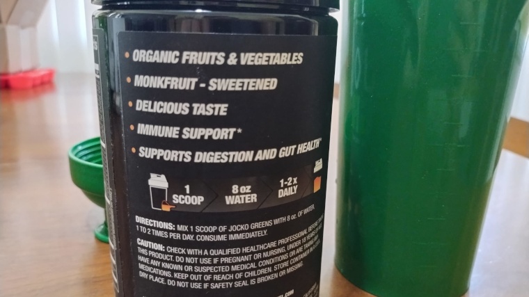 Side label on a container of Jocko Greens