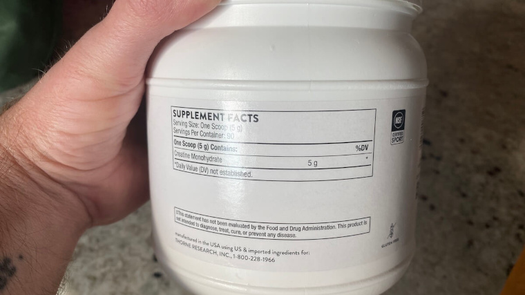 Supplement Facts label on a container of Thorne Creatine