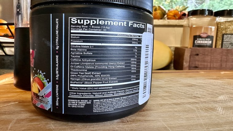 Supplement Facts label on a tub of REDCON1 Total War Pre-Workout