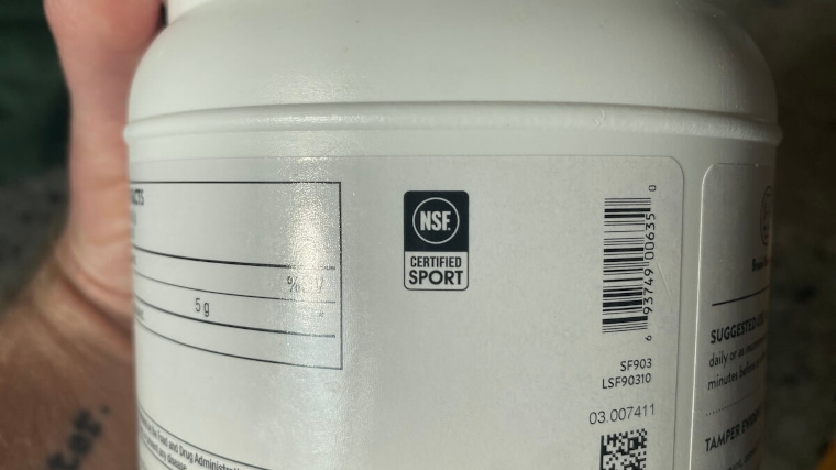 Third-party testing certifications on a tub of Thorne Creatine