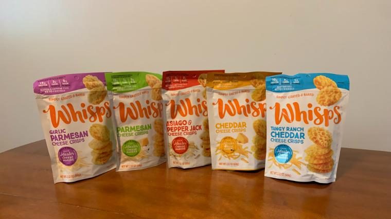 Five flavors of Whisps Cheese Crisps on our tester's kitchen table.