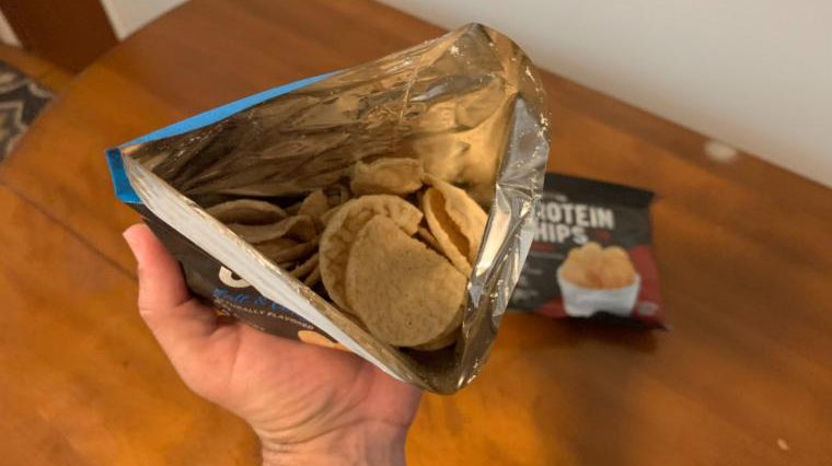 A look inside a bag of Wholesome Provisions Protein Chips.