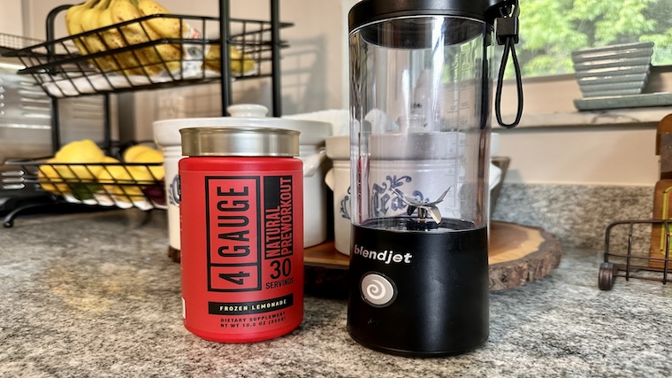 4 Gauge Natural Pre-Workout next to a BlendJet shaker bottle