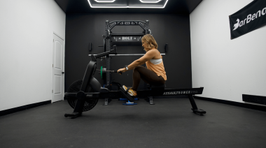 Our tester prepares for the Assault Rower Pro Review