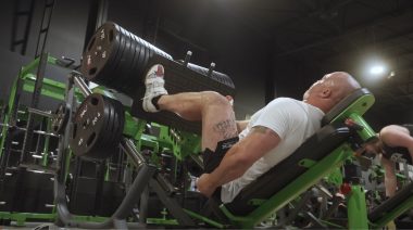 2023 World's Strongest Man Mitchell Hooper performs a leg press.